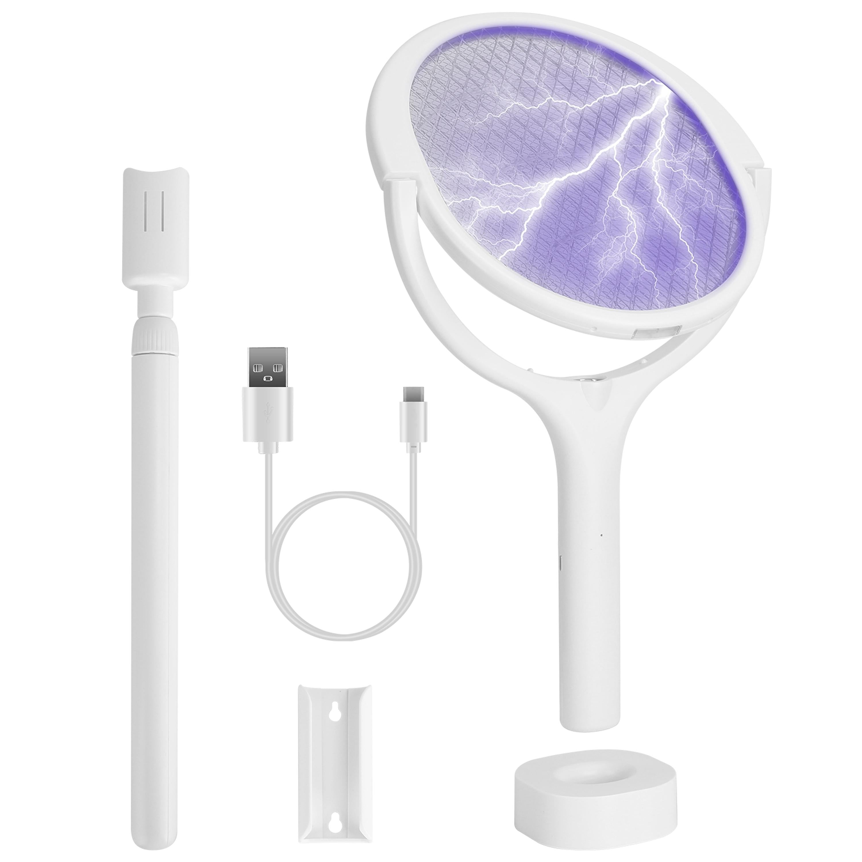 3 In 1 Electric Bug Zapper Racket 90�Rotating Bug Zapper Wand Indoor Outdoor Handheld Mosquito Swatter with Telescopic Extension Wand