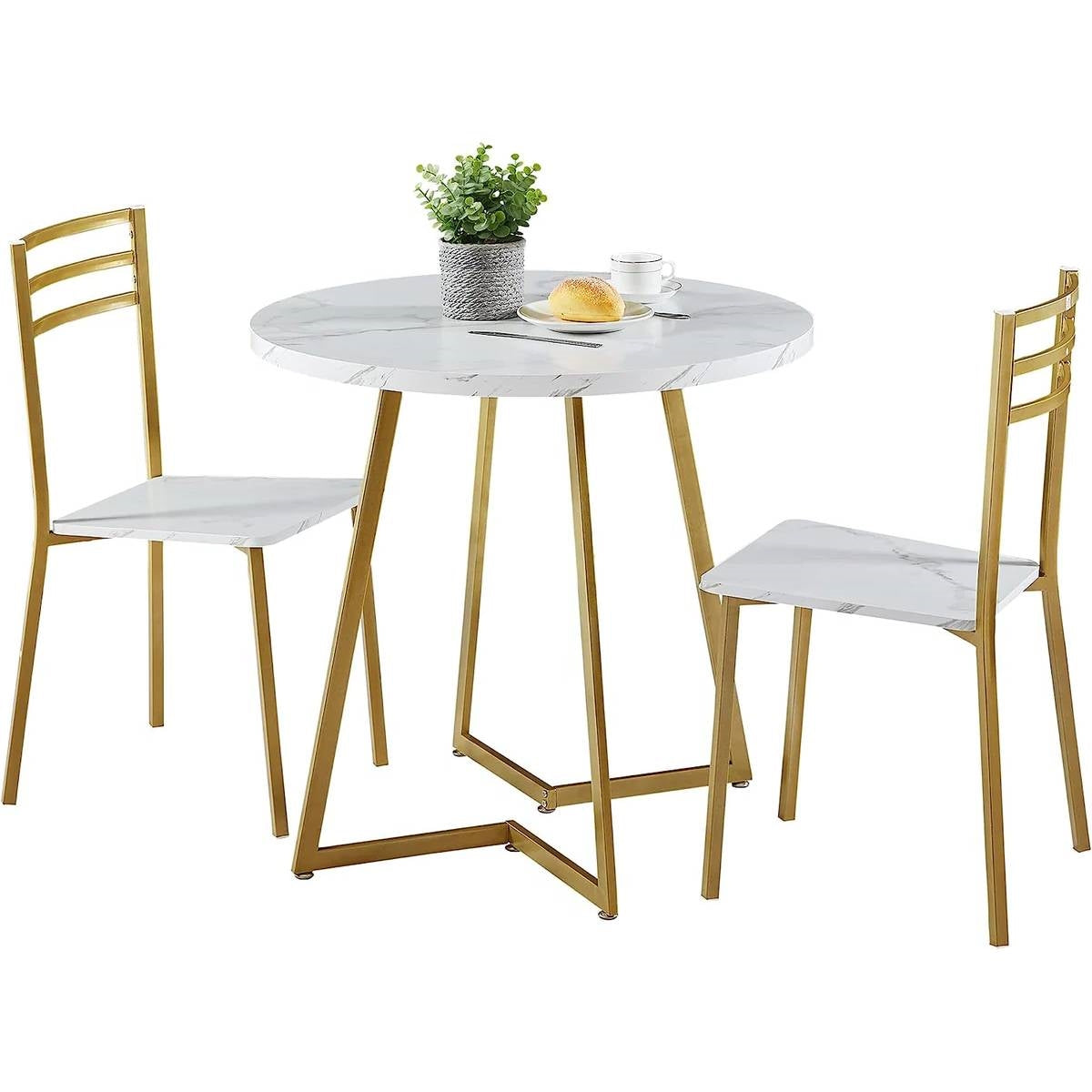 3-Piece Kitchen Dining Set with Round White Faux Marble-Top Table and 2 Chairs