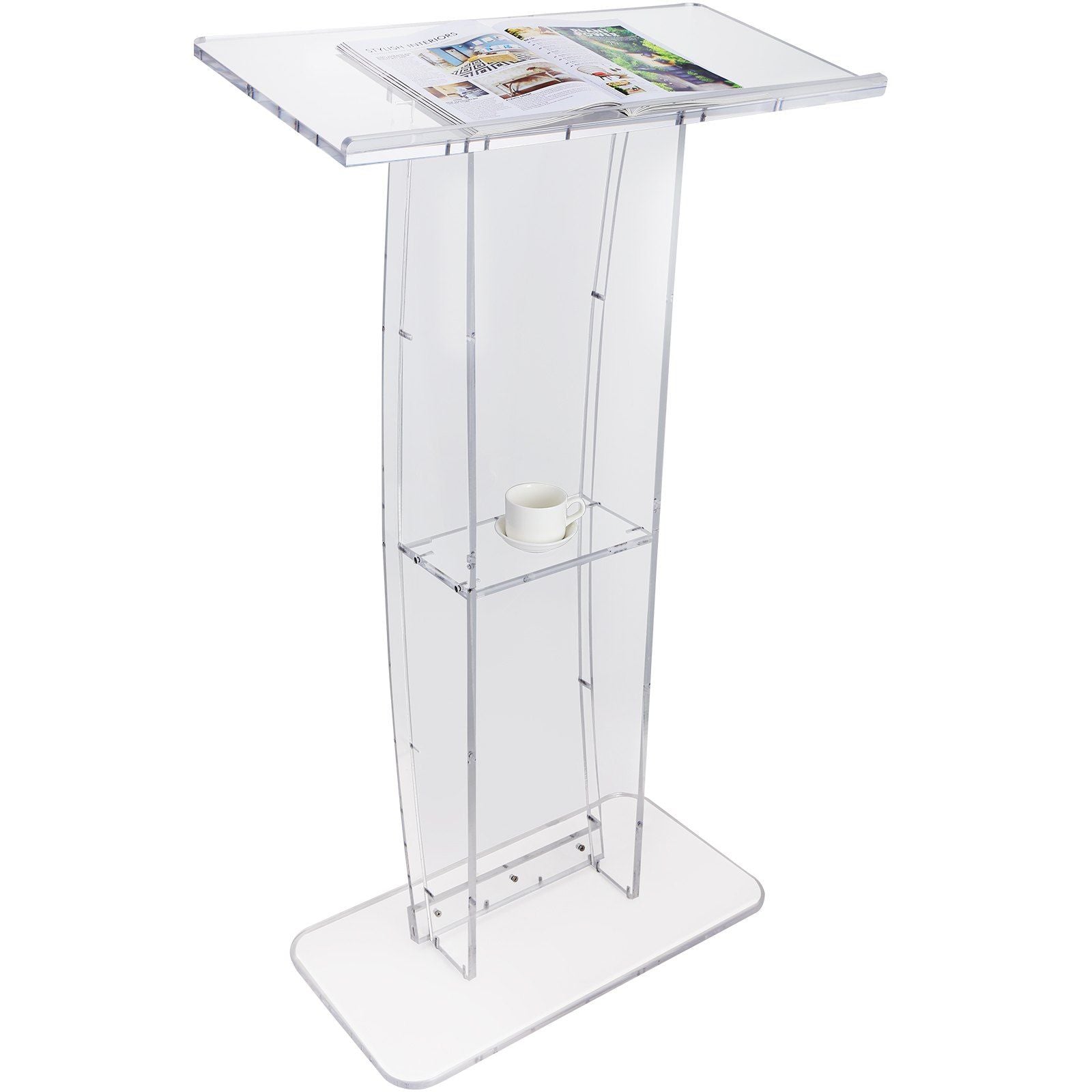 Acrylic Podium, 47" Clear Acrylic Podium Stand with Wide Reading Surface & Storage Shelf, Floor-standing Clear Pulpits Acrylic for Church Office School